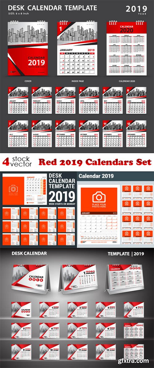 Vectors - Red 2019 Calendars Set