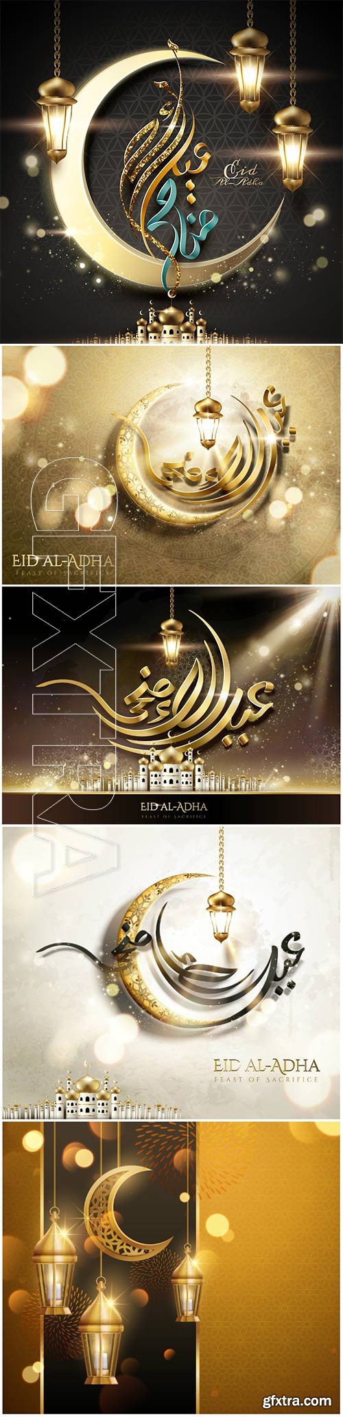 Eid al-adha calligraphy card vector design with hanging lanterns, golden crescent with floral pattern