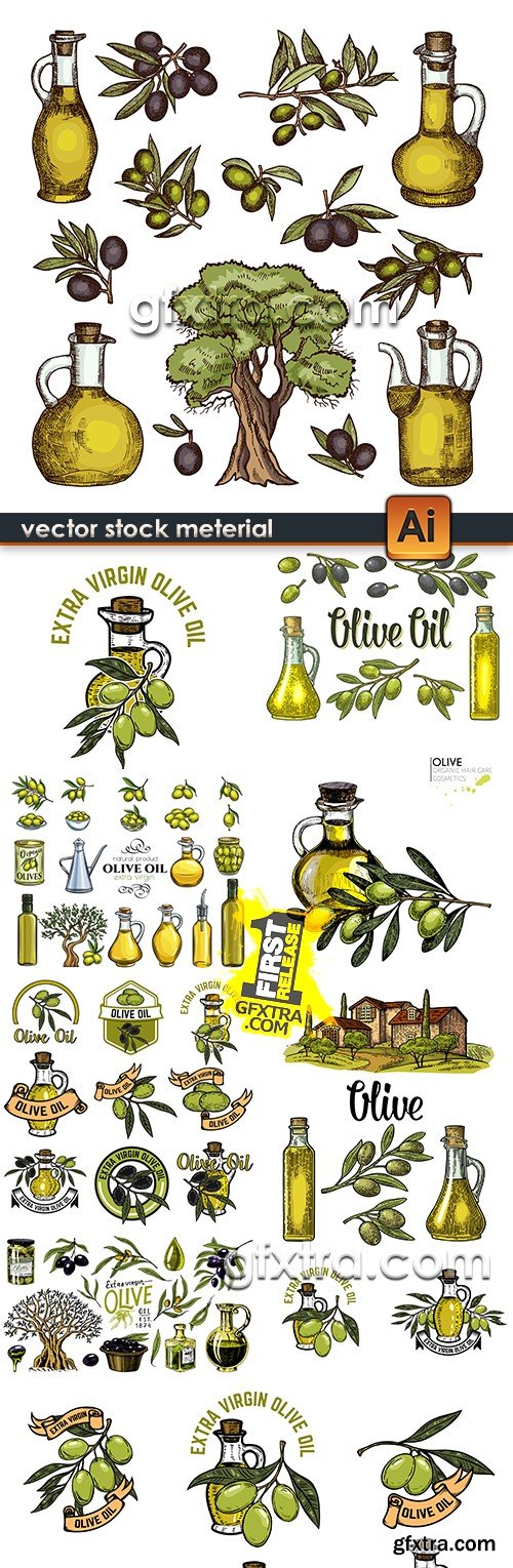 Olive oil and branch an olive sketch vector illustrations