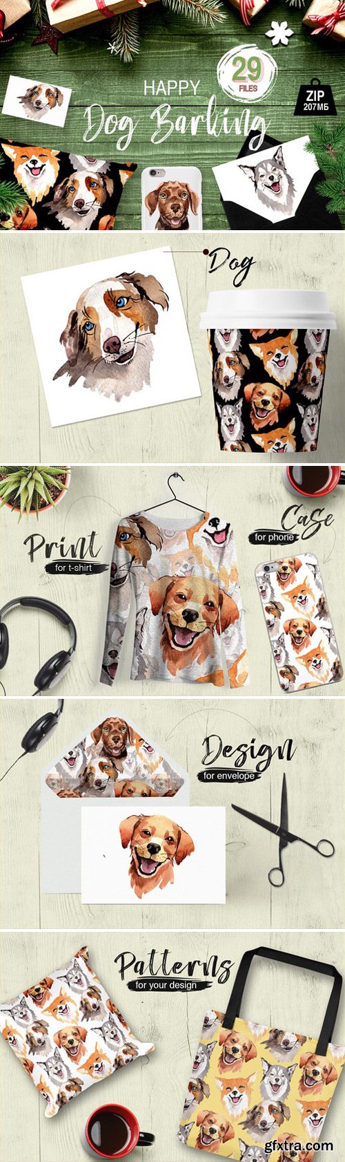Dogs barking new year PNG watercolor set