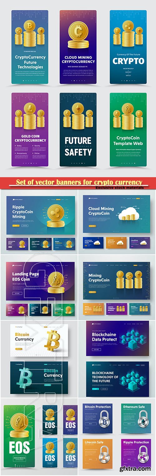 Set of vector banners for crypto currency with different gold coins, 3D coin-bitcoin icon