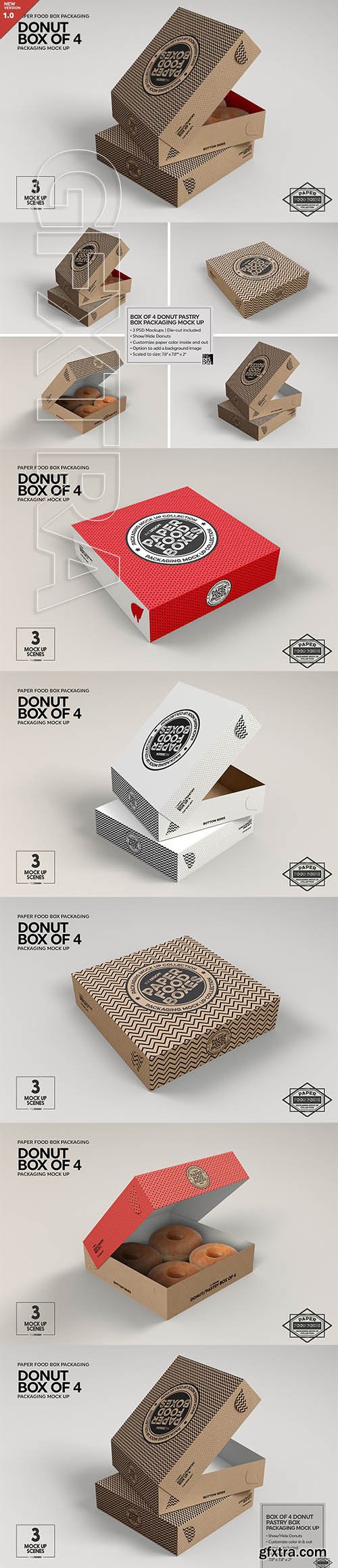 CreativeMarket - Box of Four Donut Pastry Box Mockup 2901914