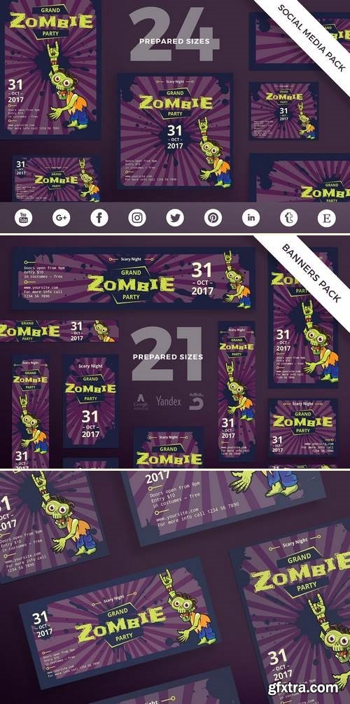 Halloween Zombie Party Banner Pack, Flyer and Poster, Social Media Template