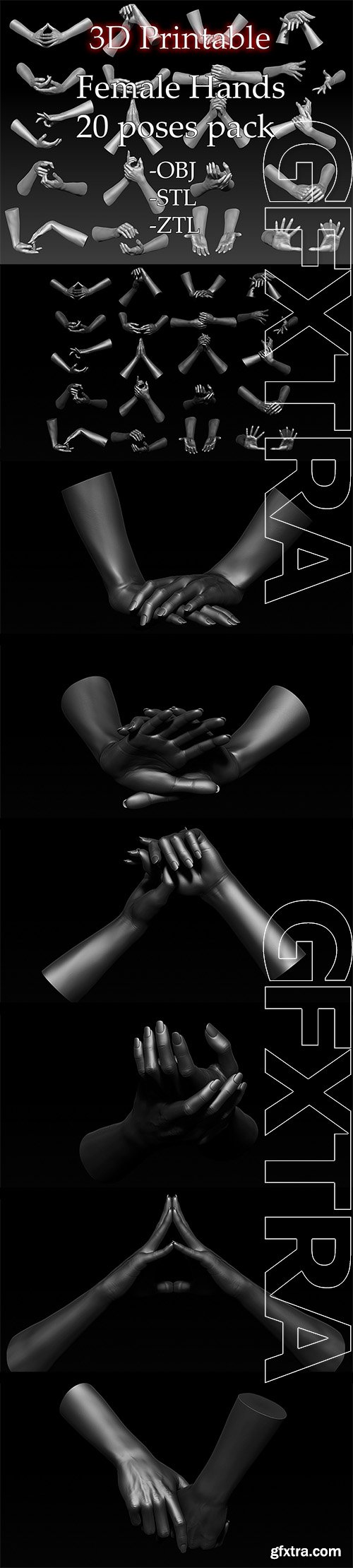 Cubebrush - 3d Printable Female Hands 20 poses pack