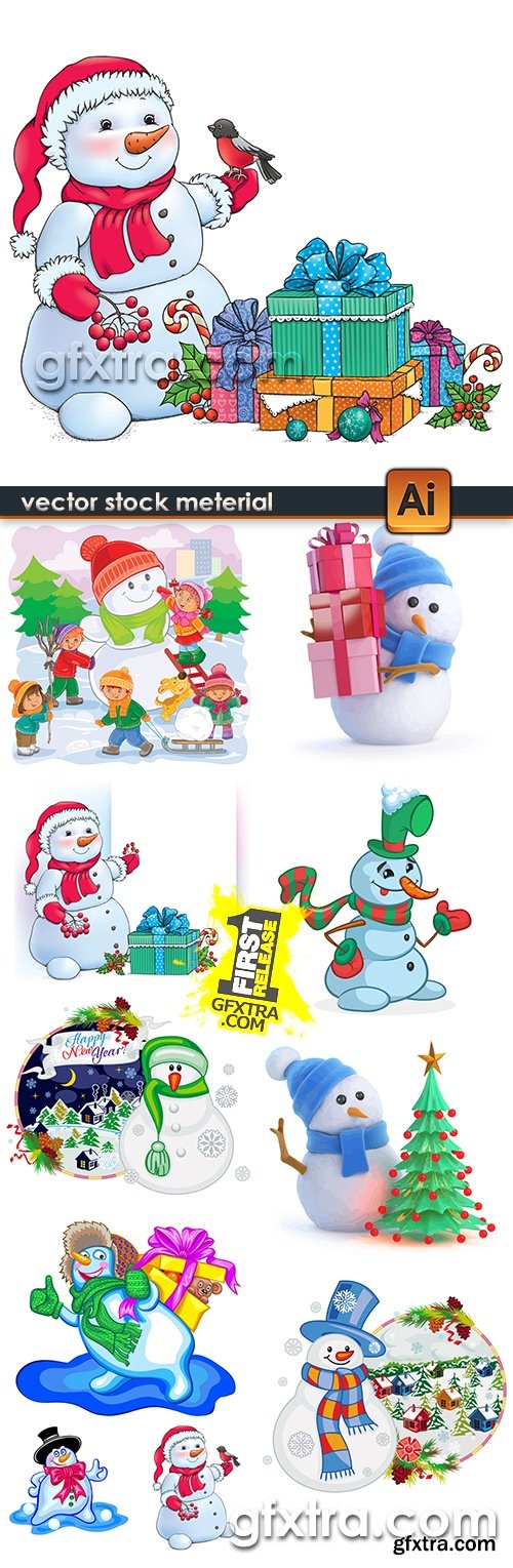 Snowman with Christmas gifts vector illustrations