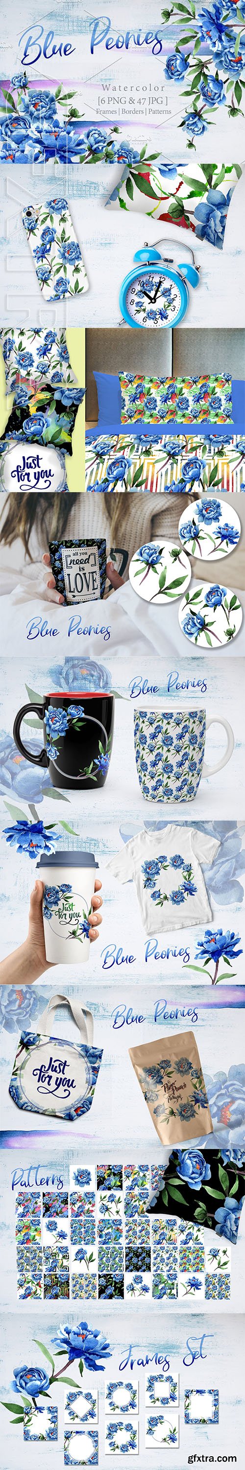 CreativeMarket - Cool blue Peonies PNG watercolor flower set 2891465