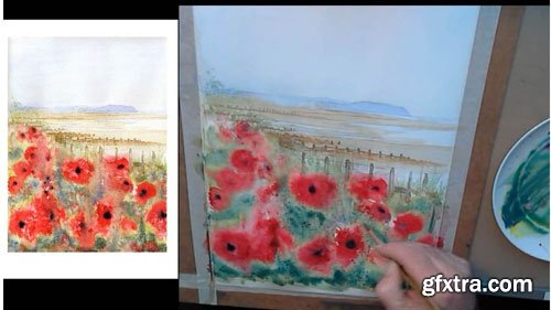 Learn how to paint watercolor poppies on the beach beginner