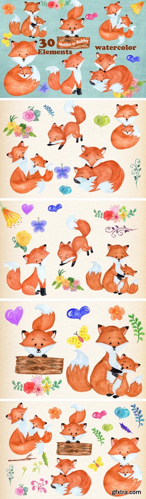 30 Mother & Baby Fox Clipart Designs
