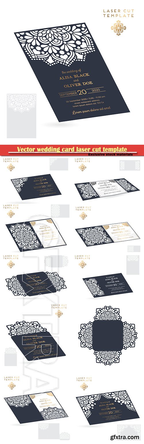 Vector wedding card laser cut template, decorative elements hand drawn background
