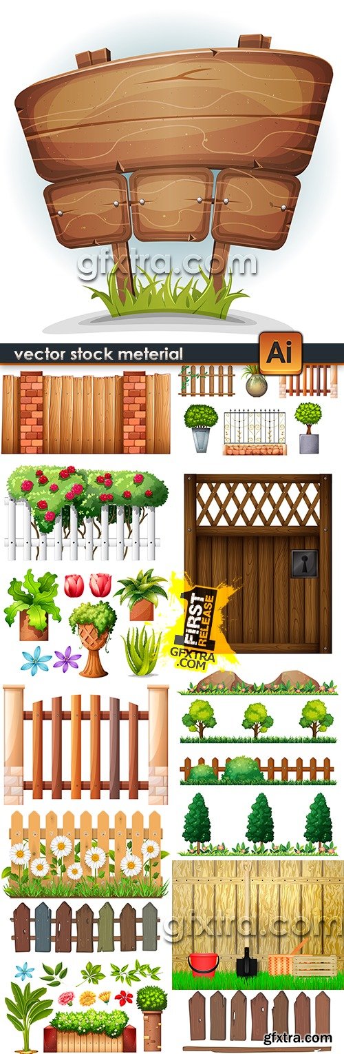 Decorative wooden gate garden bed and fence illustration