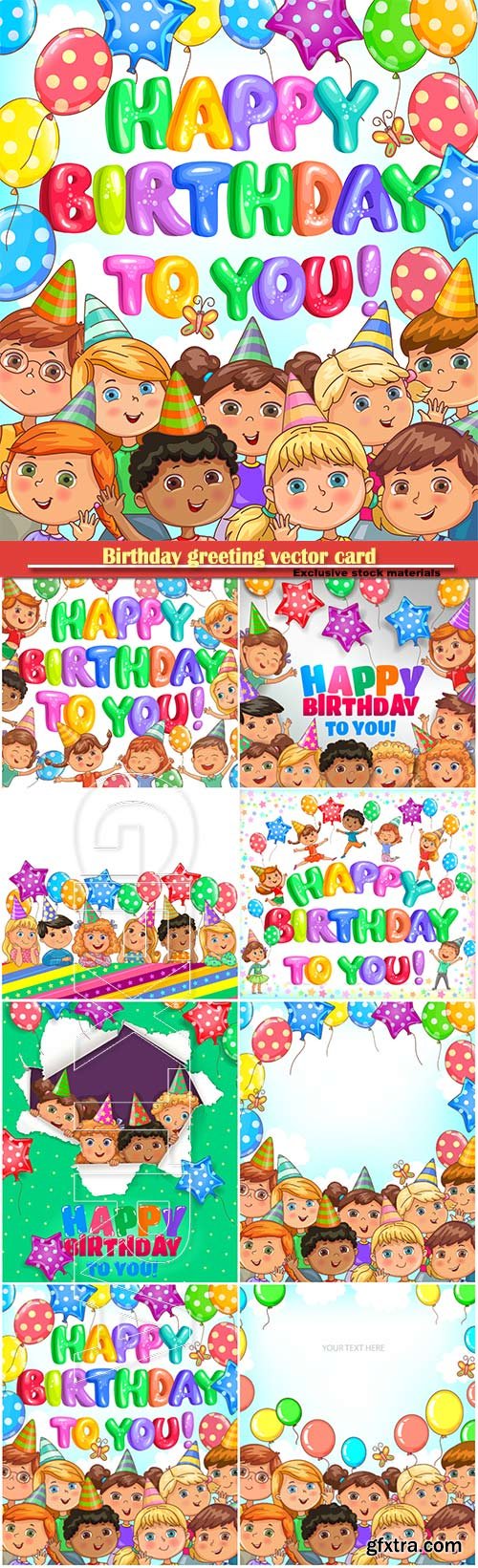 Birthday greeting vector card, banner with balloons and funny kids