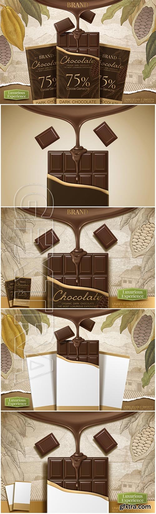 Dark chocolate ads with 3d vector illustration product