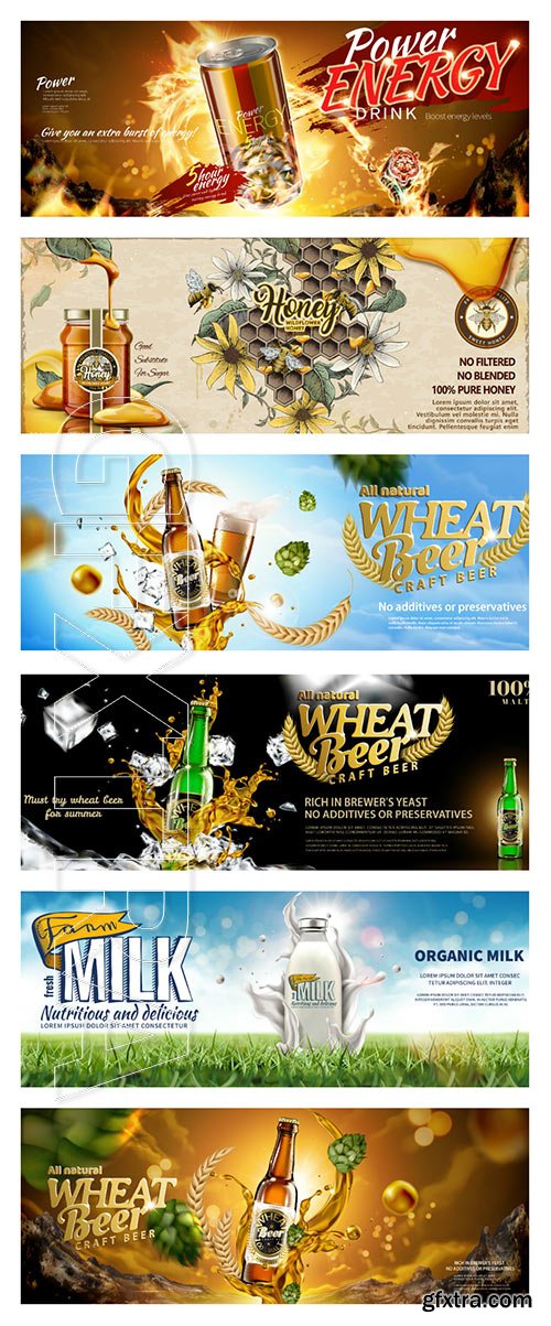 Food banner ads in 3d vector illustration