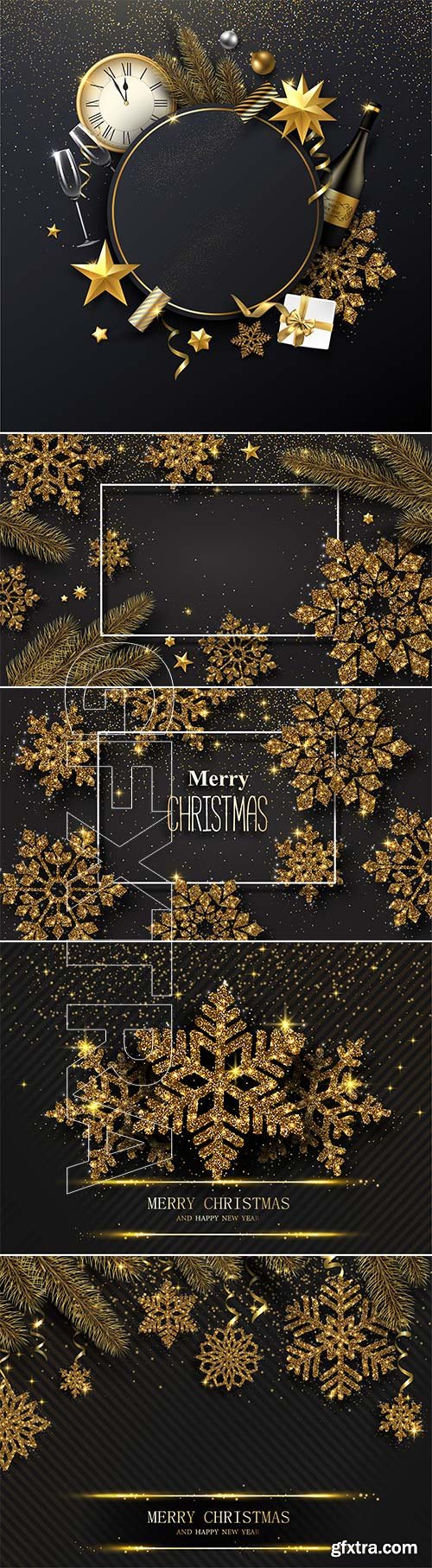 Christmas vector background with golden snowflakes, clock and champagne