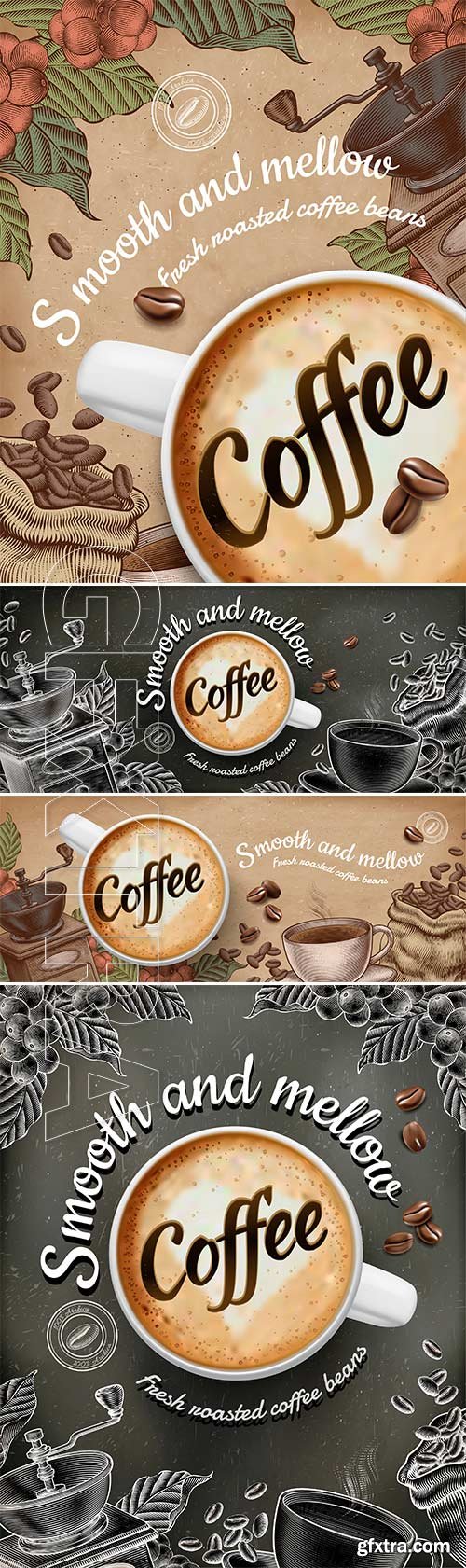 Coffee poster ads with 3d vector illustratin latte