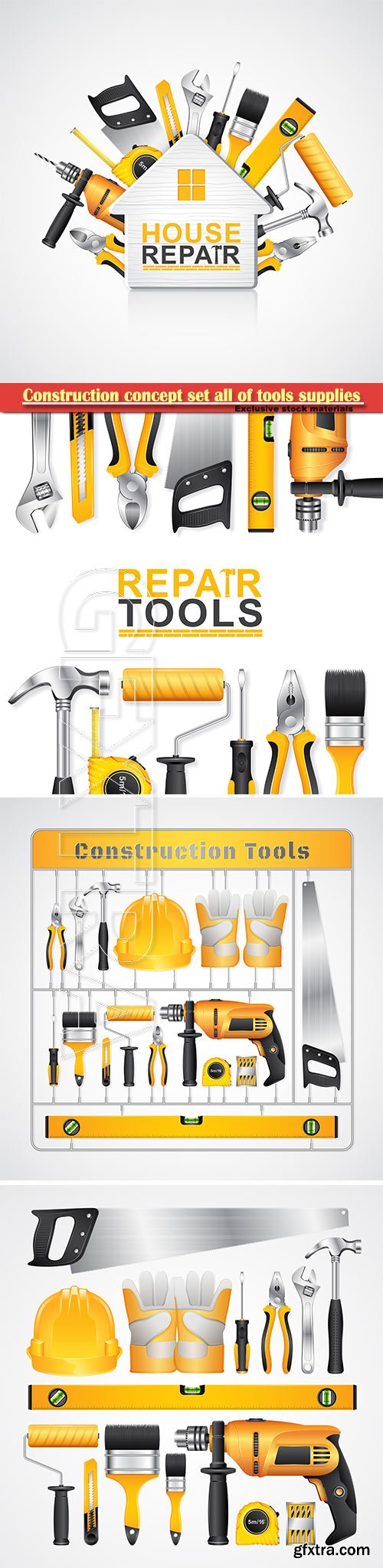 Construction concept set all of tools supplies for house repair builder vector illustration