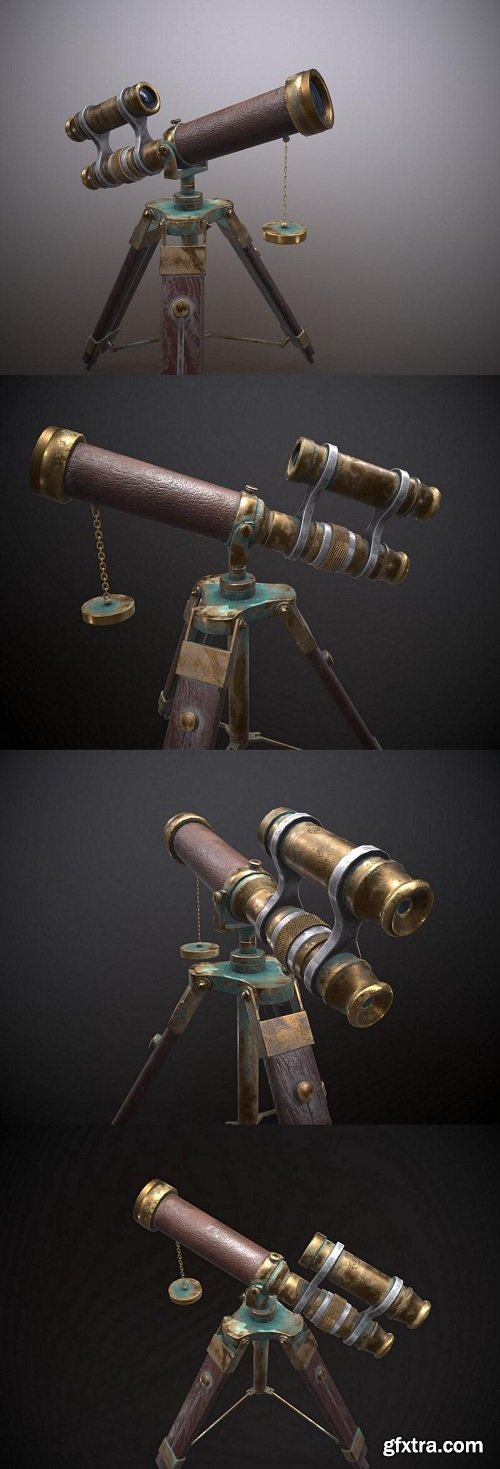 Copper Vintage Telescope With Wooden Stand – 3D Model