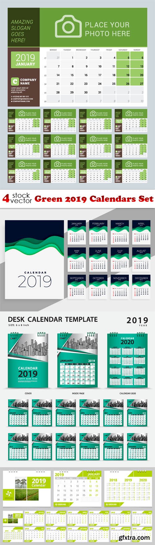 Vectors - Green 2019 Calendars Set