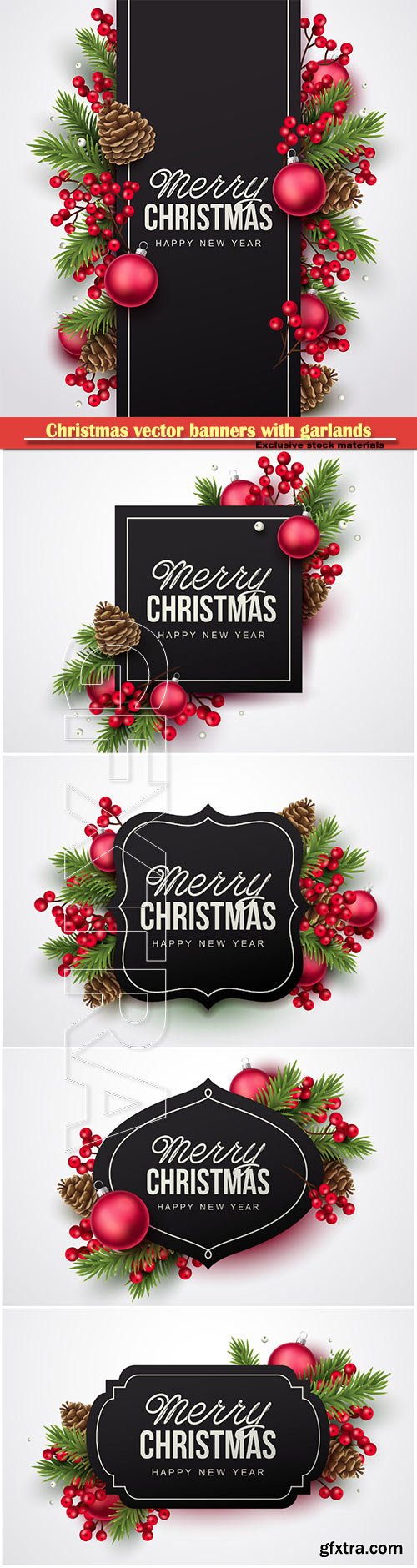 Christmas vector banners with garlands of Christmas trees of cones and balls
