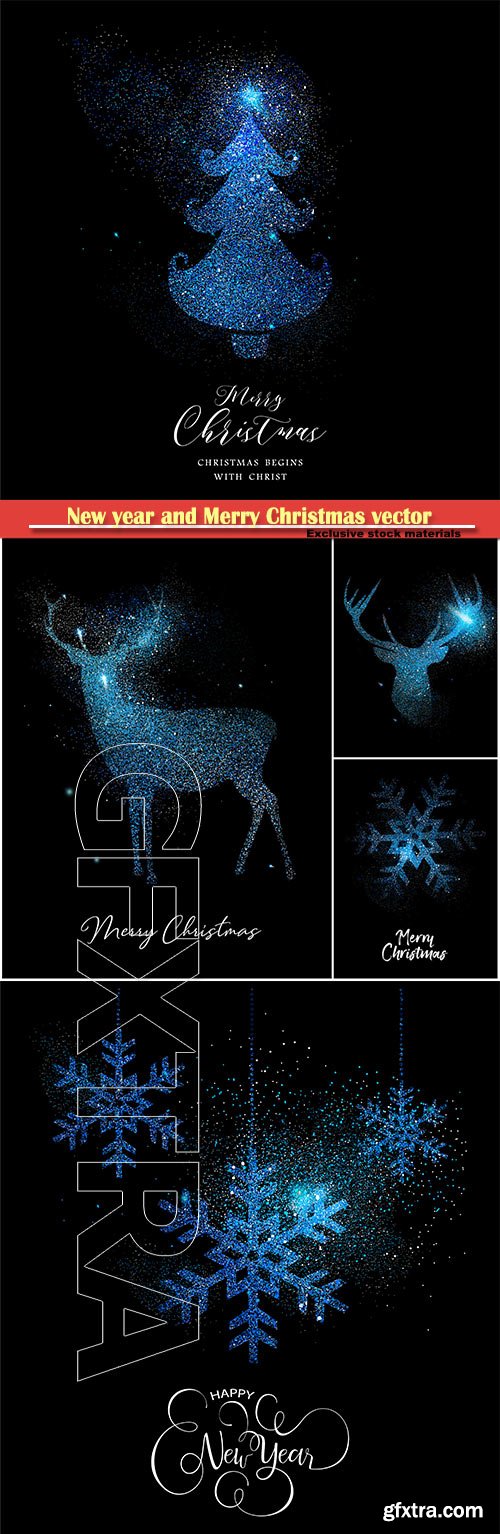 Merry Christmas blue glitter pine tree, reindeer, vector card