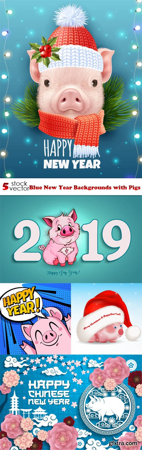 Vectors - Blue New Year Backgrounds with Pigs