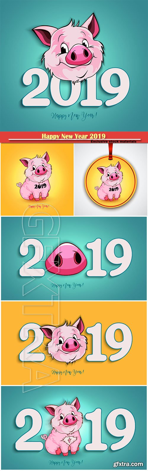 Happy New Year 2019 funny card design with cartoon pigs