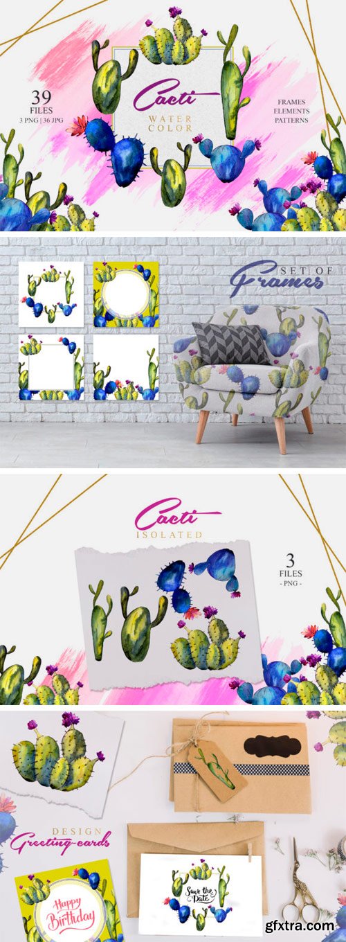 Green and Blue Cactuses PNG Watercolor Set
