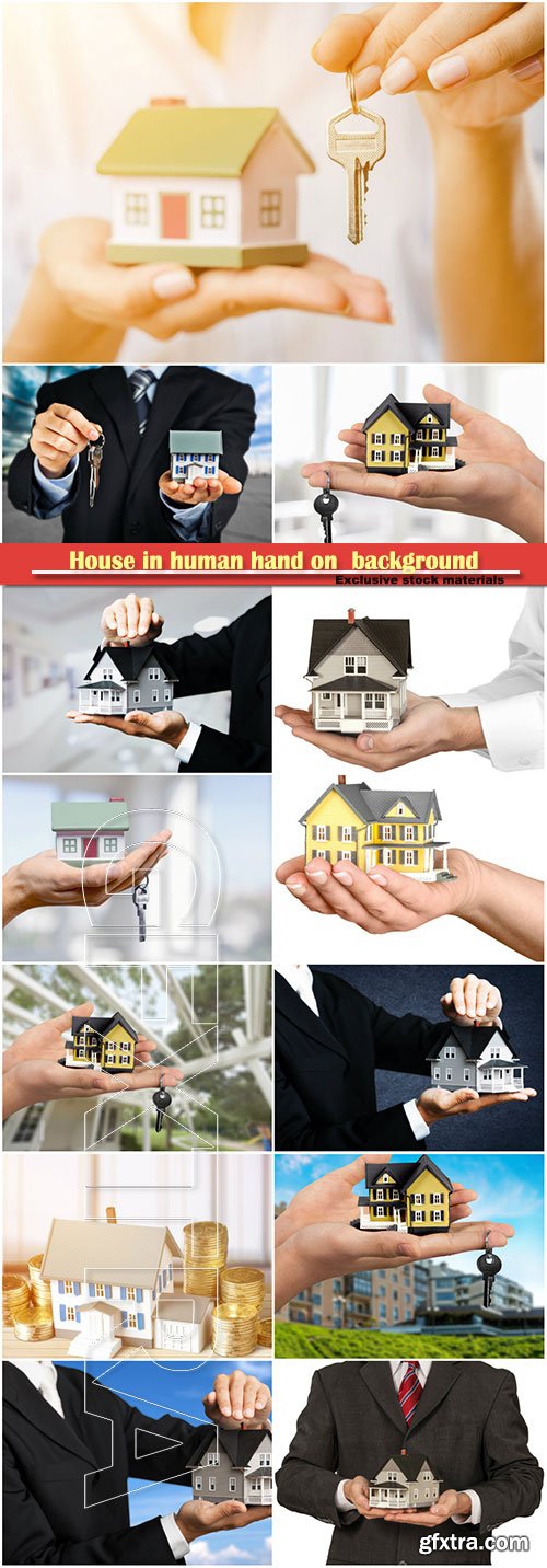 House in human hand on background