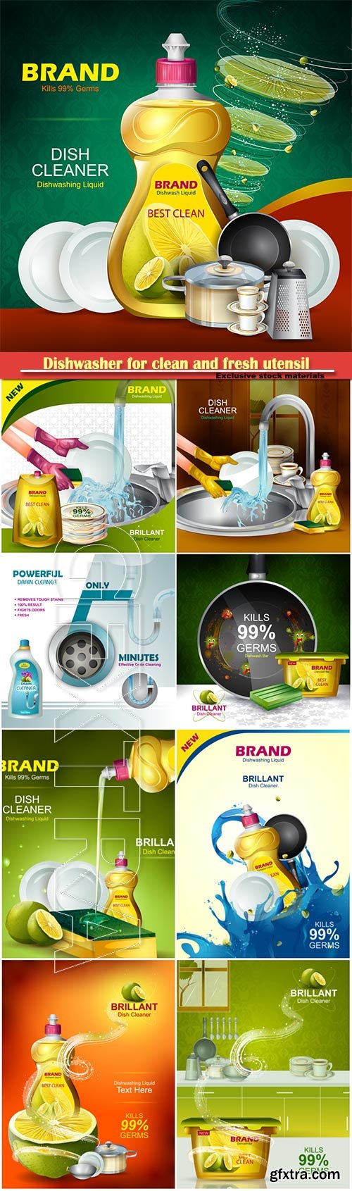 Advertisement banner of tough stain remover liquid, dishwasher for clean and fresh utensil
