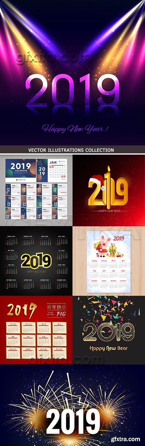 2019 New Year decorative inscriptions and calendar