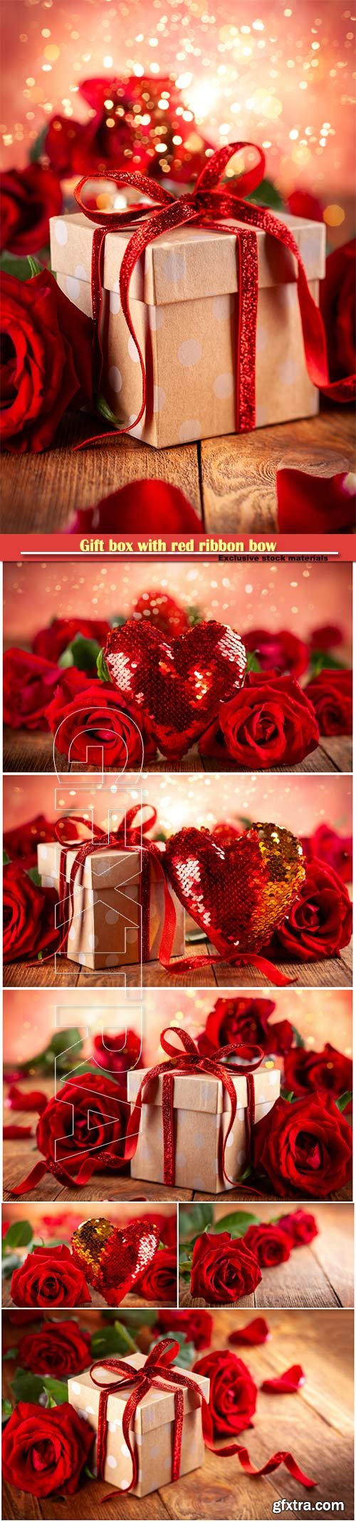 Gift box with red ribbon bow, heart and red roses