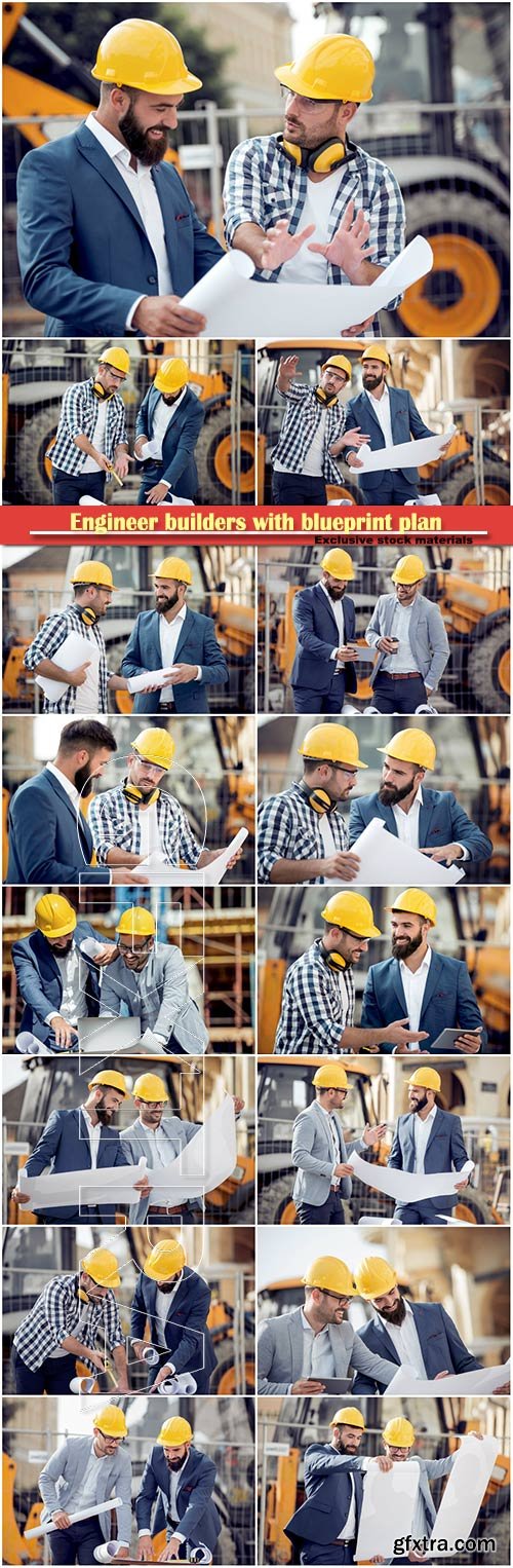 Two engineer builders with blueprint plan at construction site