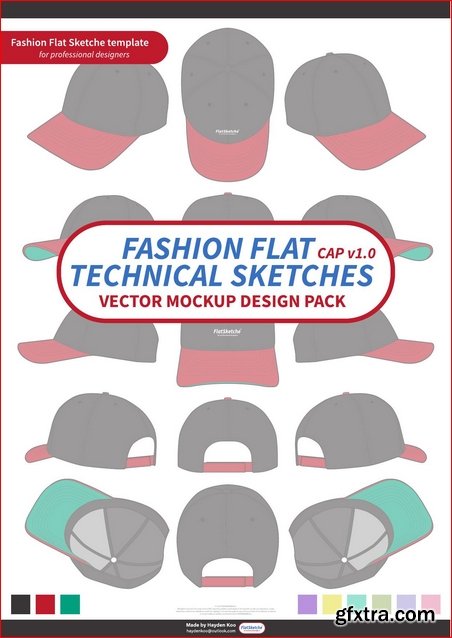 Cap Fashion flat technical drawing vector mockup design: Vector Apparel Templates and Fashion Flats Sketches