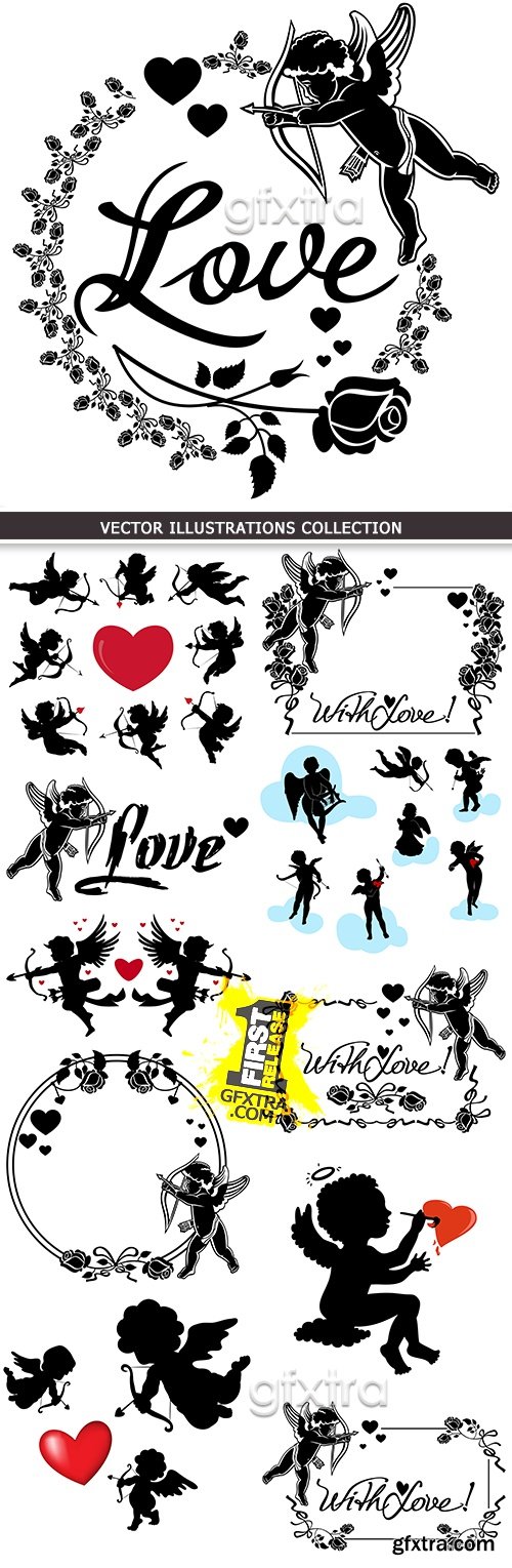 Romantic Cupid\'s arrows and decorative flowers silhouettes