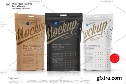 CreativeMarket - Three Paper Doy-Pack Pouch Mockup 3333599