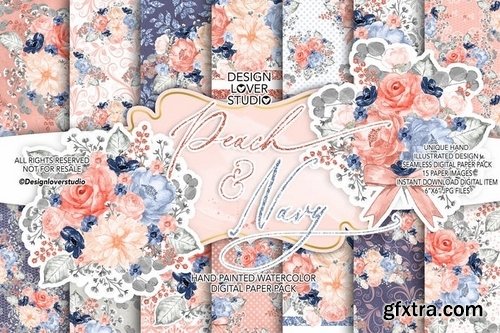 Watercolor Peach and Navy digital paper pack