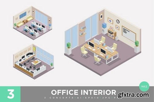 12 Isometric Office Cubical Garage Workshop and Hospital Clinic Interior