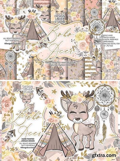 Boho Deer Cute design + digital paper pack