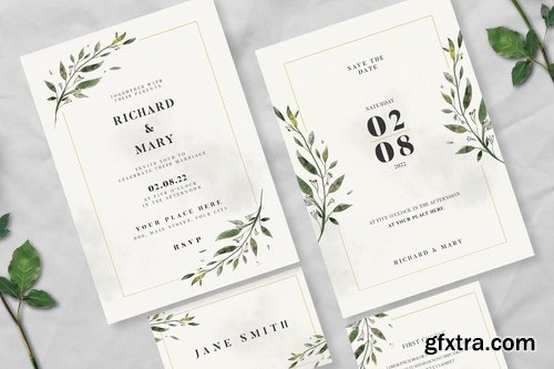 Watercolor Leaf Wedding Invitation Suite