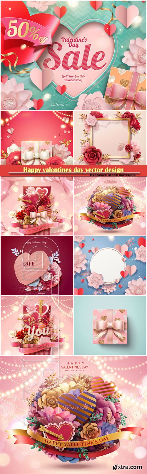 Happy valentines day vector design with heart, balloons, roses in 3d illustration # 10