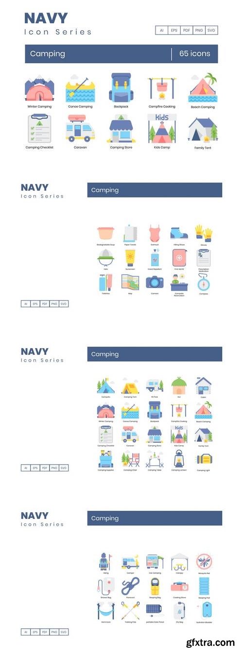 65 Camping Icons | Navy Series