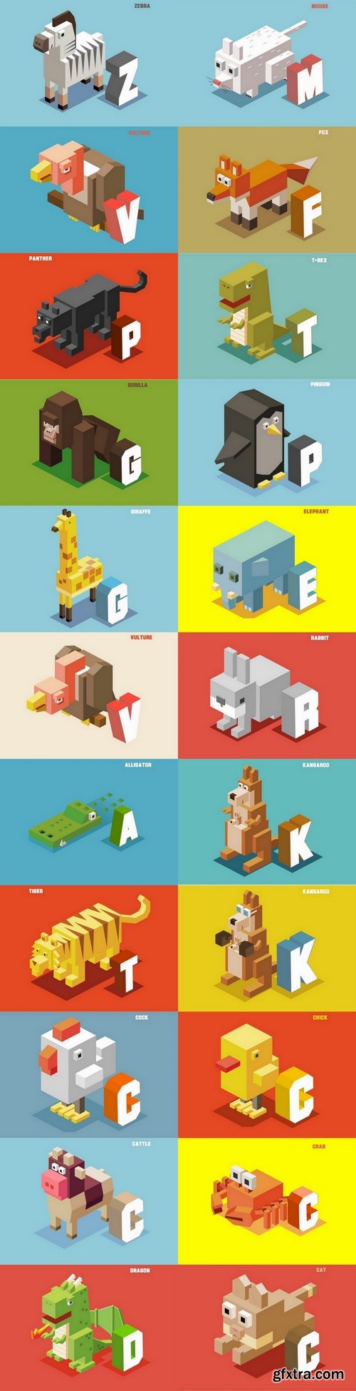 Low Poly Isometric Animal Alphabet Collection