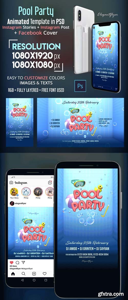 Pool Party V2 2019 Animated Instagram Stories + Instagram Post + Facebook Cover
