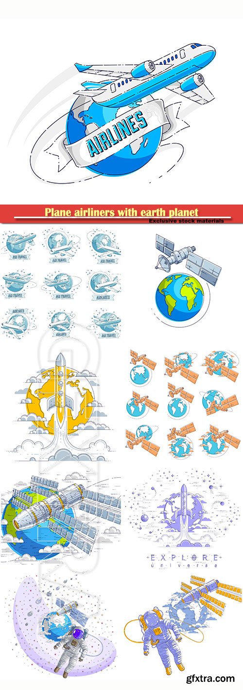 Plane airliners with earth planet and ribbon with typing, airlines air travel emblems or illustrations set