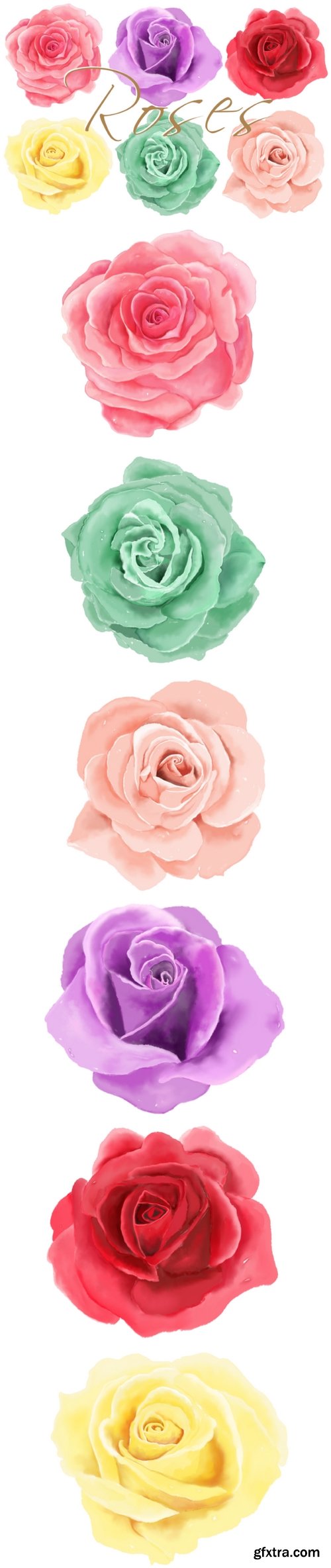 6 Digital Watercolor Roses