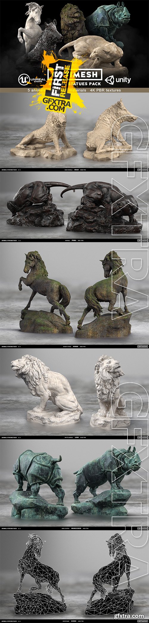 Cgtrader - Animal Statues 3D PBR Pack lion puma rhino boar horse Low-poly 3D model