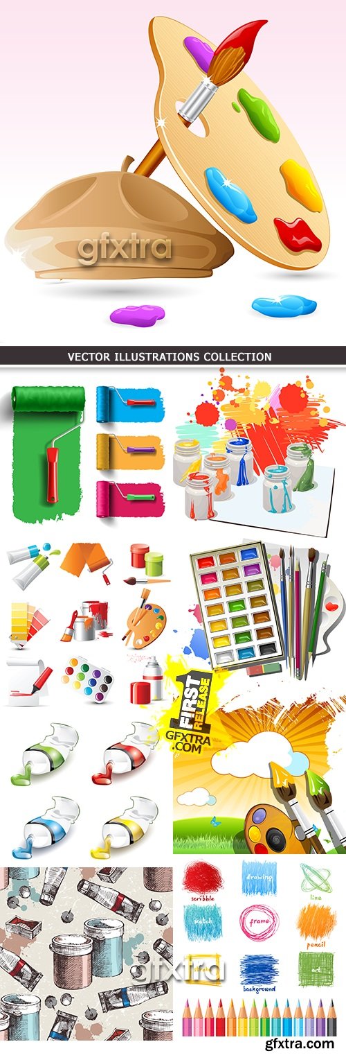 Paints, brushes and pencils Artist collection illustration