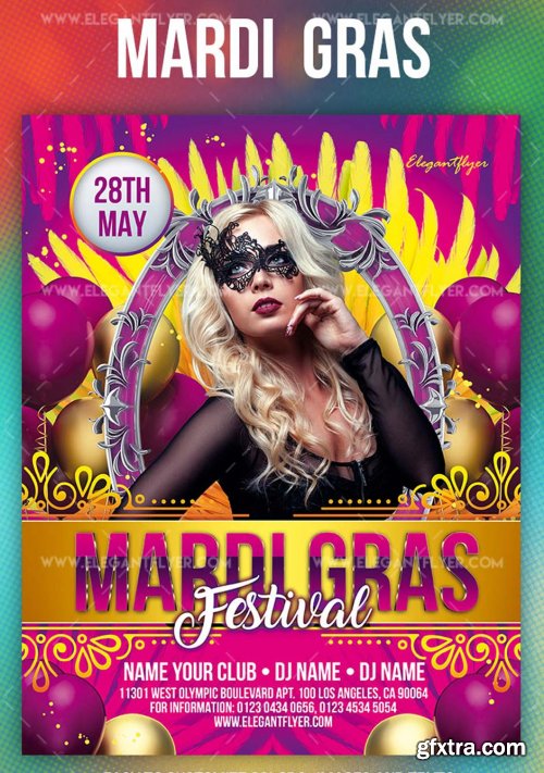 Mardi Gras Festival V5 2019 PSD Flyer Template + Facebook Cover + Instagram Post