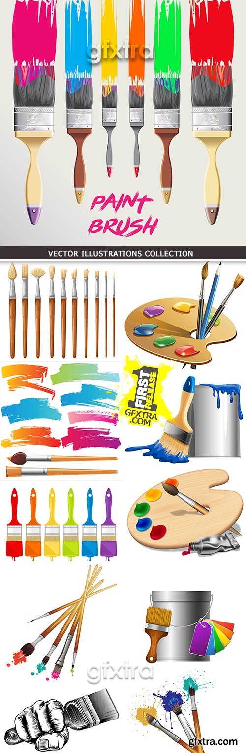 Set drawing young artist palette of paint and brush