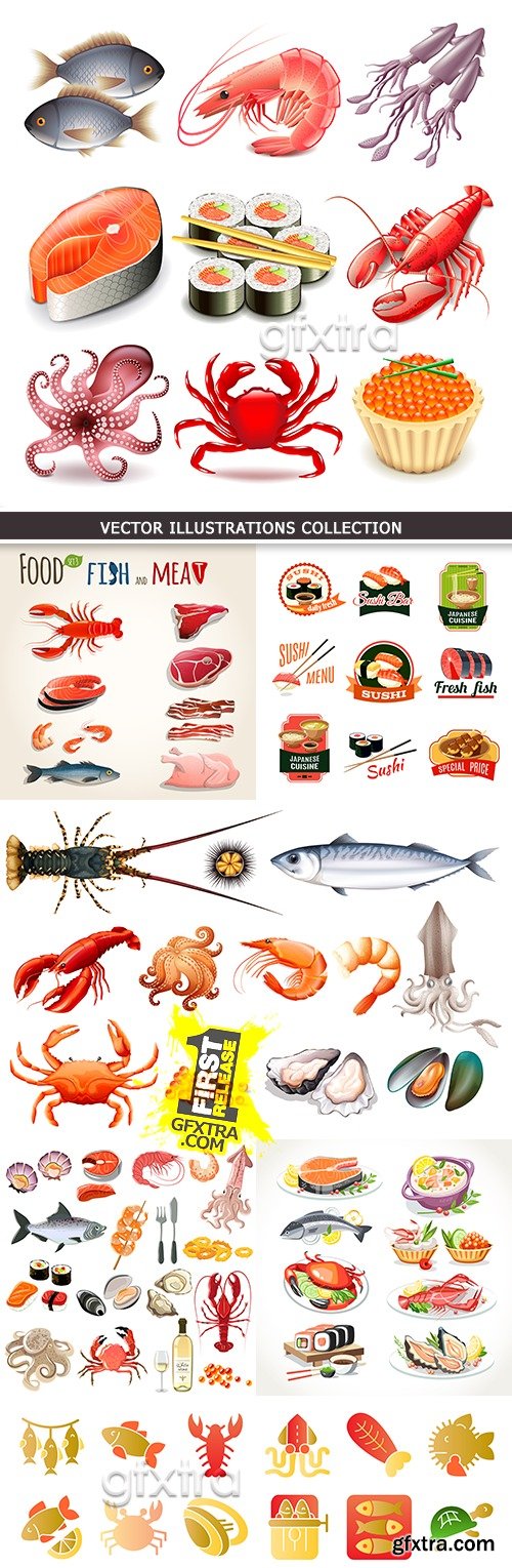 Seafood and sushi collection vector of illustrations